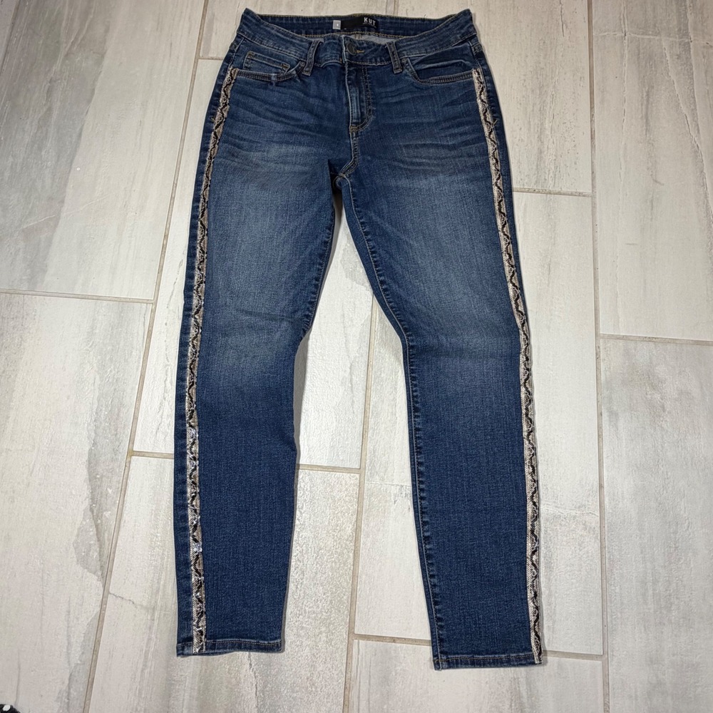 KUT from the Kloth Donna Ankle Skinny Jeans Blue Snakeskin Side Stripe Size 8